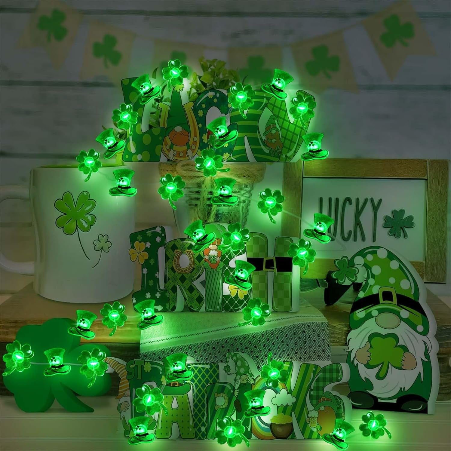 50LED Shamrocks Leprechaun Hat Lights for St Patricks Day Decorations, Battery Operated Green Lucky Clover Fairy String Lights for St Patricks Home Garden Indoor Outdoor Irish Decor (8 Modes)