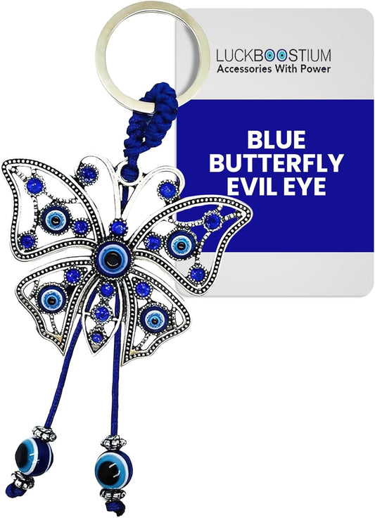 Evil Eye Keychain for Women - Blue Butterfly Keychain with Rhinestones, Purse Charms, Bag Decorations, Evil Eye Car Accessories, Rear View Mirror & Home Ornament, Evil Eye Gifts