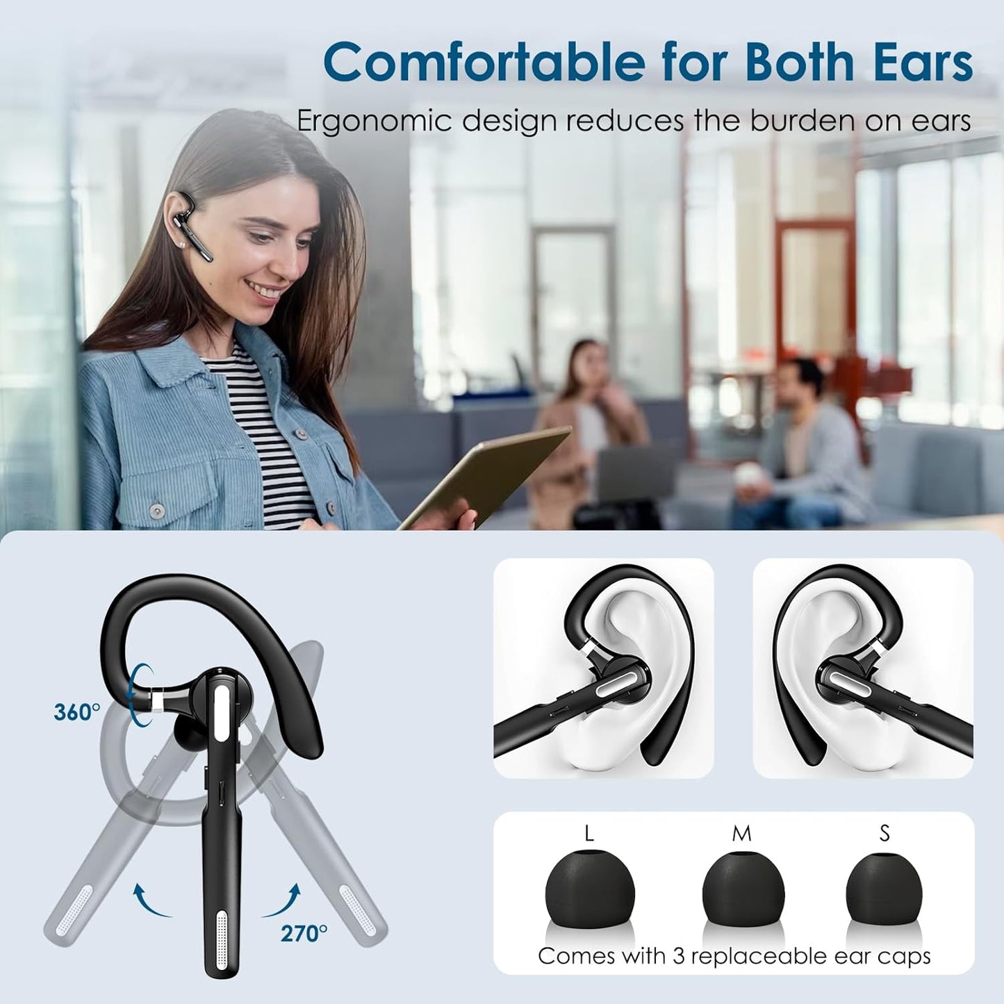 Bluetooth Headset, Wireless Bluetooth Earpiece V5.0 Hands-Free Earphones with Built-In Mic for Driving/Business/Office, Compatible with Iphone and Android (Black) TRUCK DRIVER