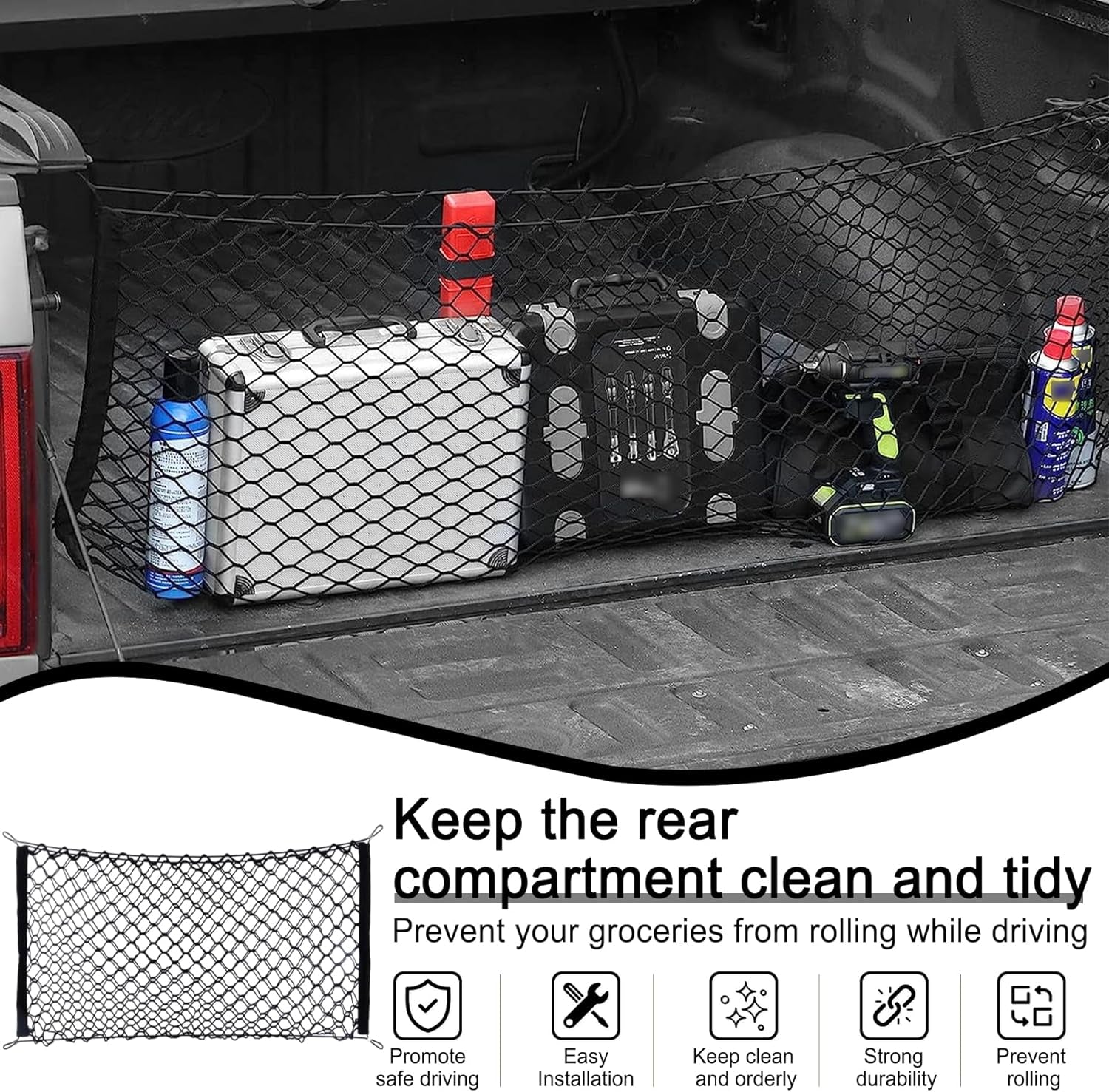 Truck Bed Cargo Net Stretchable, Adjustable Trunk Storage Net with Hook, Accessories for Pickup Bed Divider Organizer and Storage, Compatible with Chevy Silverado Ford F150 GMC (50"X 18")