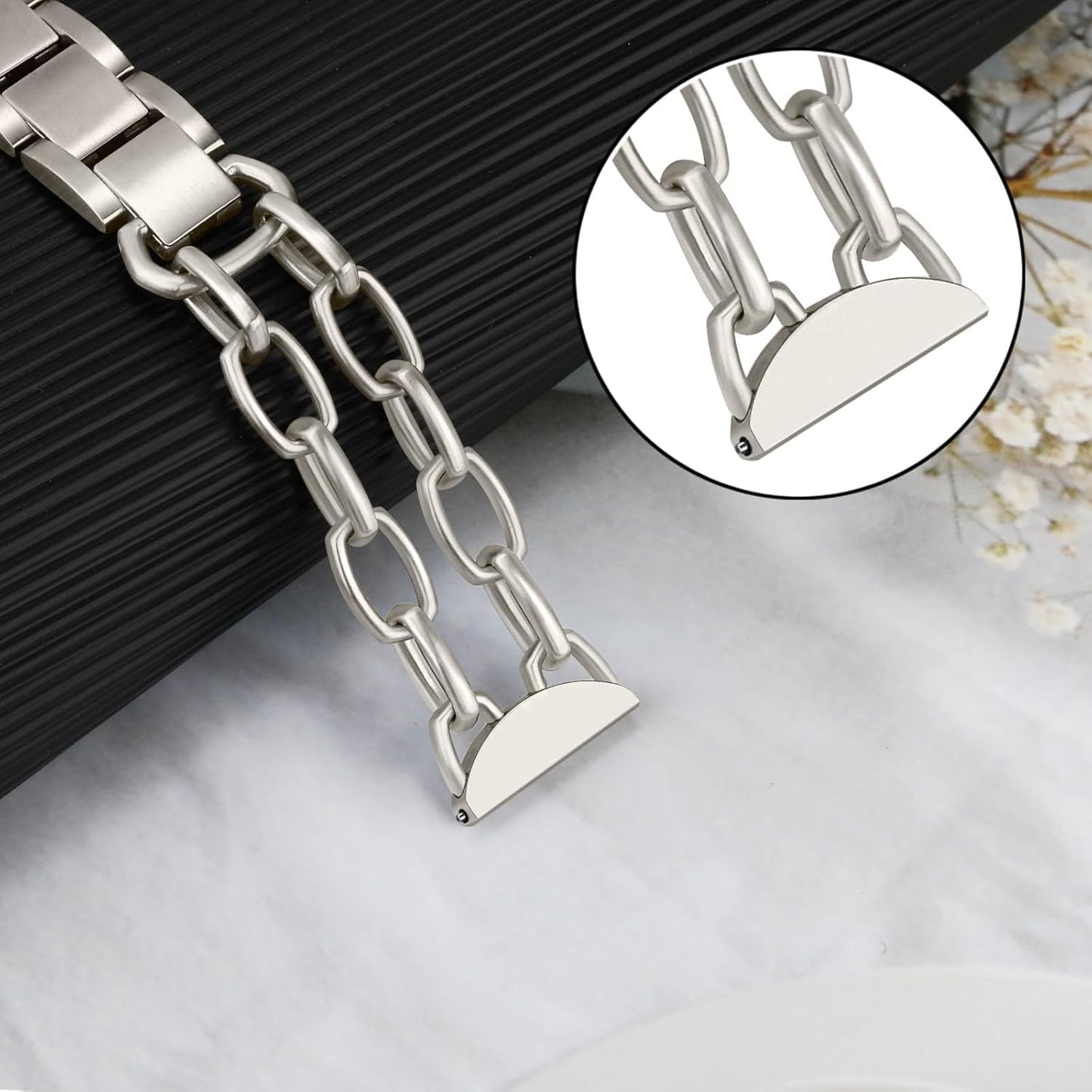 Band for Samsung Galaxy Watch 7 6 5 40Mm Gold Women, Dual Chain Stainless Steel Watchband Jewelry Buckle Strap for Garmin Vivoactive 5 Ivory