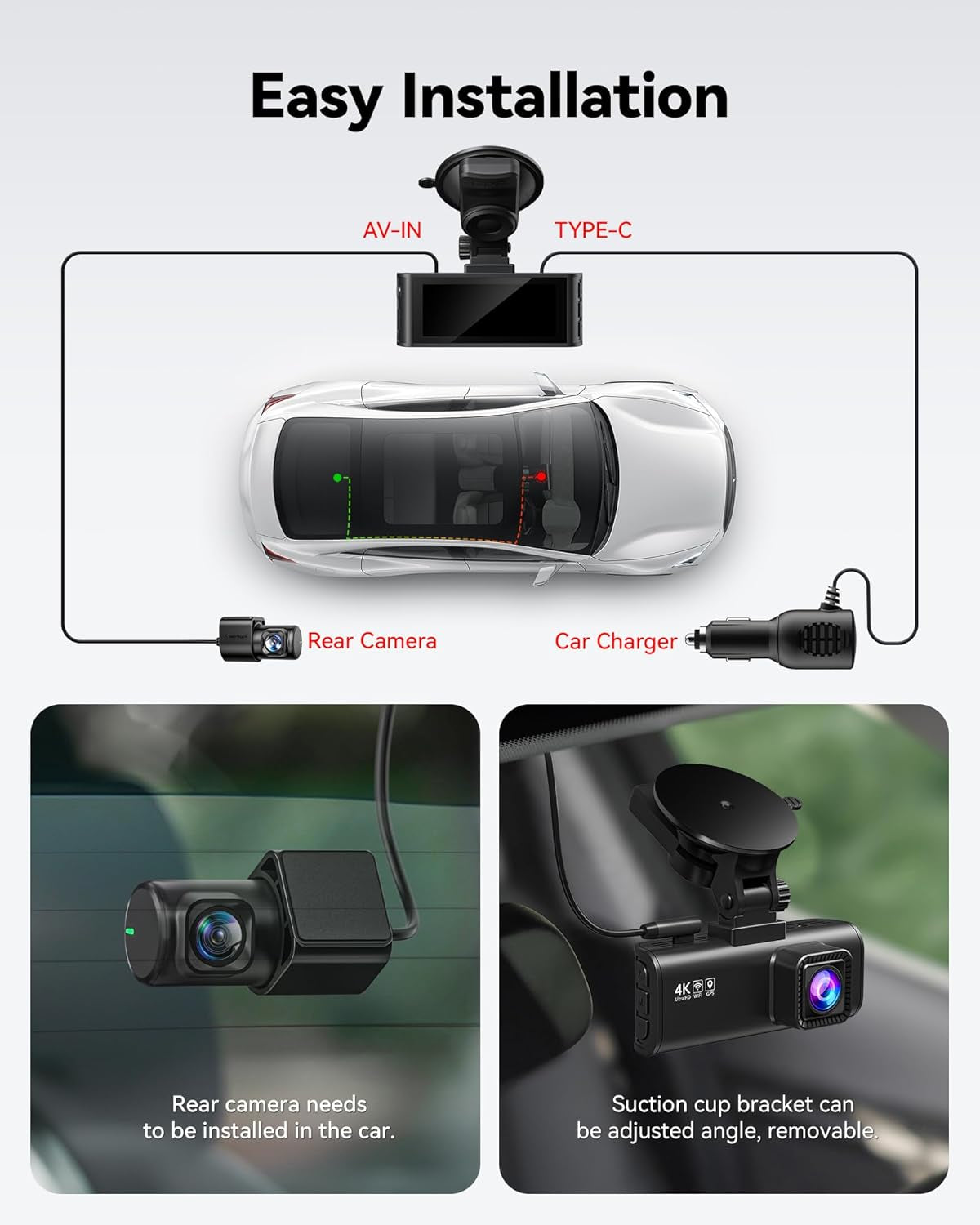 Dash Cam Front Rear, 4K/2.5K Full HD Dash Camera for Cars, Included 32GB Card, Built-In Wi-Fi GPS, 3.16” IPS Screen, Night Vision, 170°Wide Angle, WDR, 24H Parking Mode