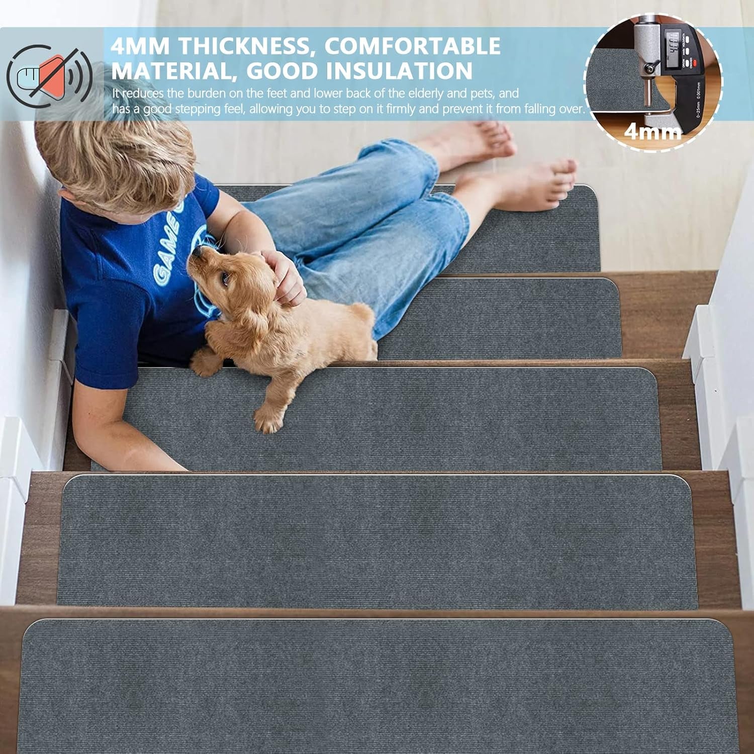 8" X 30" (15 in Pack) Non-Slip Stair Treads Carpet for Wooden Steps, Self-Adhesive Stair Treads Mat, Safety Indoor Stair Runner Mats, anti Slip Stair Rugs for Kids Elders and Dogs，Grey