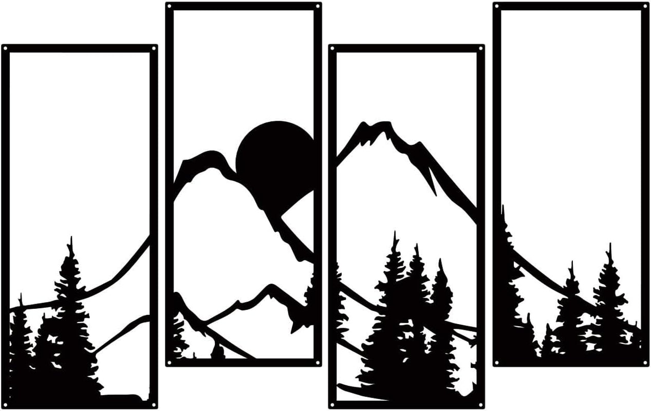 Metal Sunset Mountain Forest Wall Decor Set of 4, Minimalist Line Drawing Large Mountains Wall Art Home Decor for Living Room Bedroom Office…
