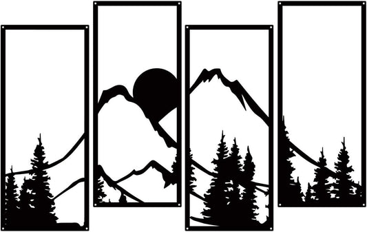 Metal Sunset Mountain Forest Wall Decor Set of 4, Minimalist Line Drawing Large Mountains Wall Art Home Decor for Living Room Bedroom Office…