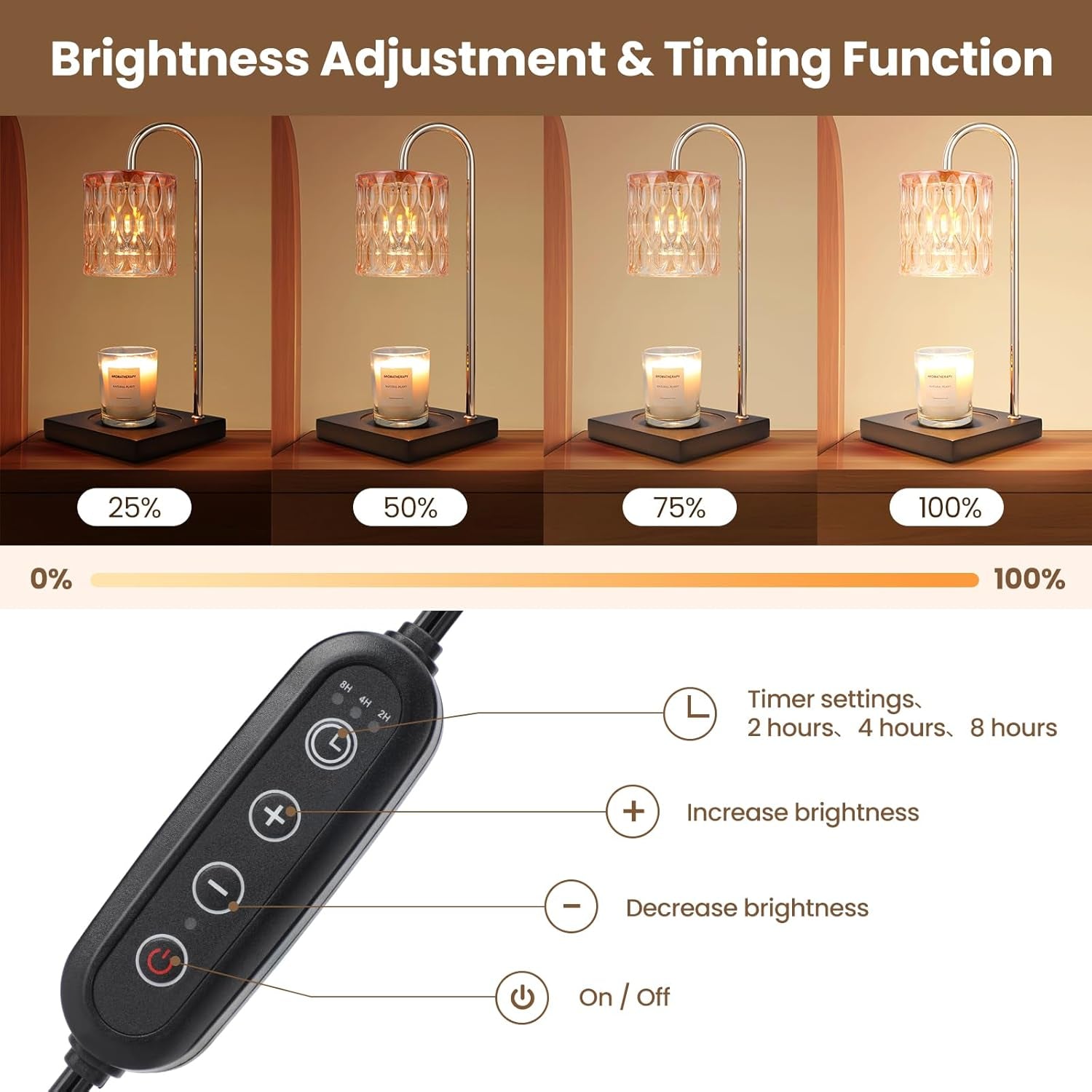 Candle Warmer Lamp, Dimmable Candle Warmer Lamp for Jar Candles, Glass Candle Warmer Lamp with Timer 2H/4H/8H Nightstand Lamp for Bedroom (2 Wax Warmer Bulbs)