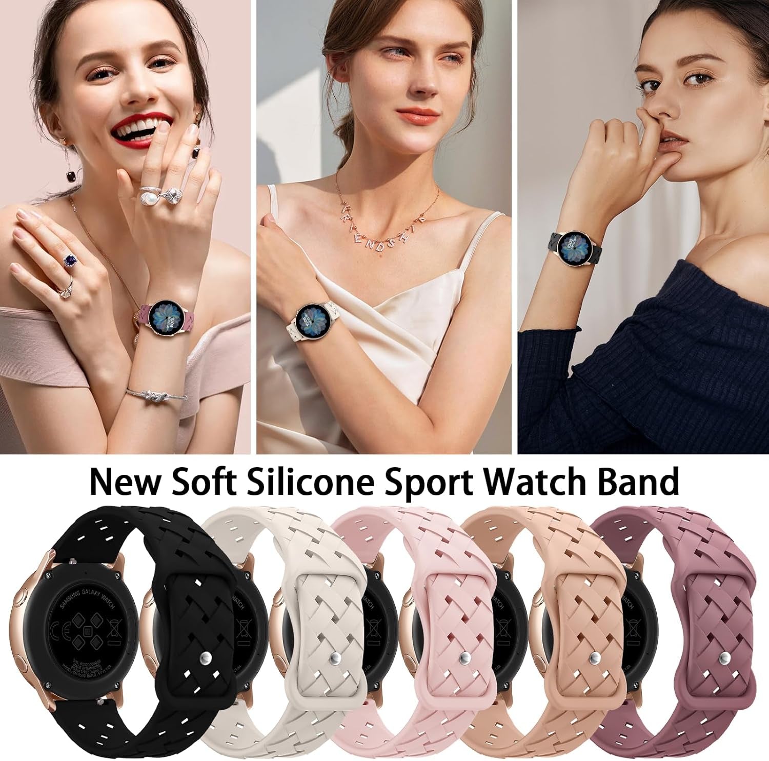 Braided Silicone Band Compatible with Samsung Galaxy Watch 6/5/4 Band 40Mm 44Mm, Galaxy Watch 5 Pro 45Mm,Galaxy Active 2,Galaxy Watch 3,20Mm Soft Silicone Sport Strap Breathable Wristbands for Women