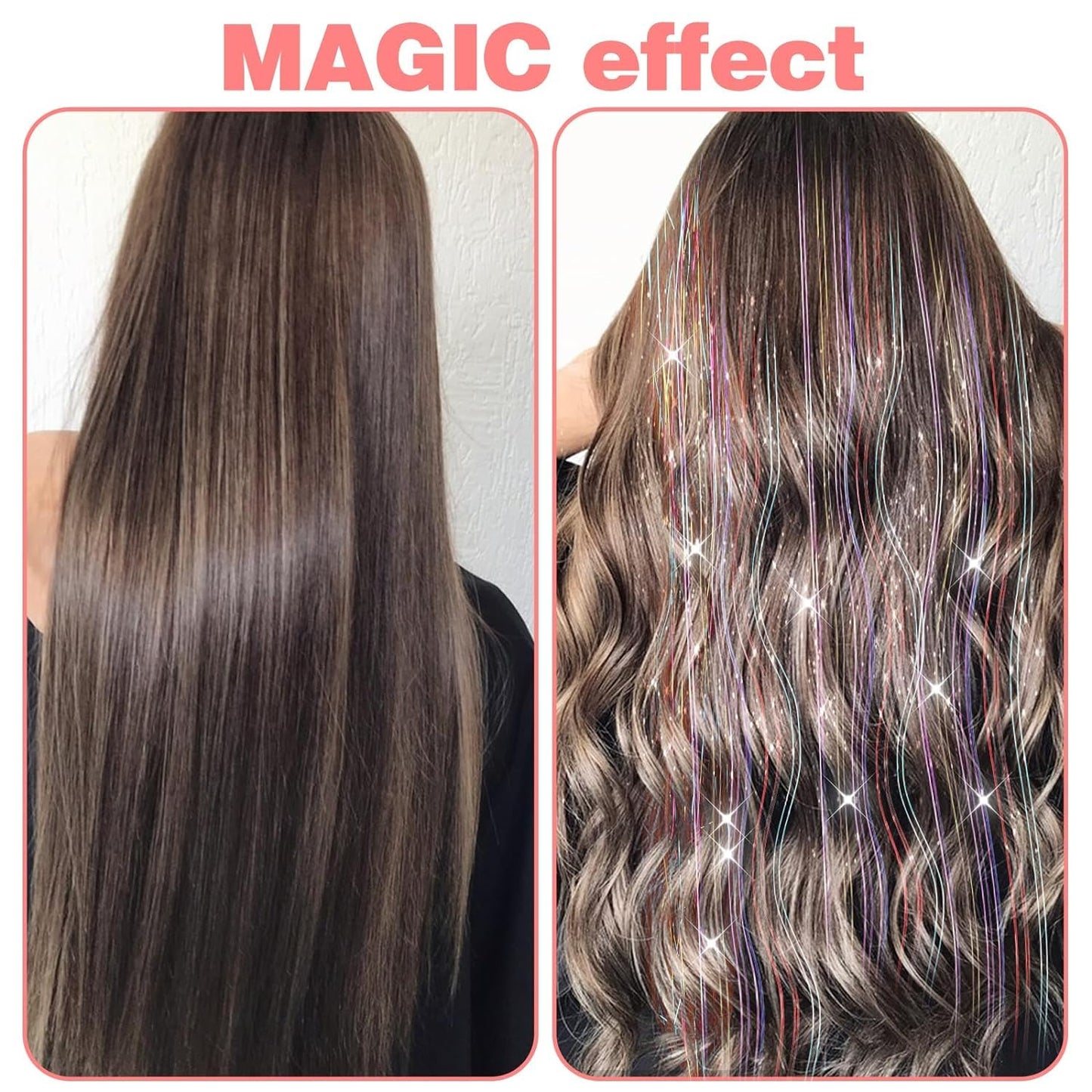 Hair Tinsel Kit Pack of 18 Pcs Hair Tinsel Clip in 19.6Inch Glitter Tinsel Hair Extensions Heat Resistant Clip in Hair Tinsel Sparkle Fairy Hair Accessories for Kids Girls Women (Black)