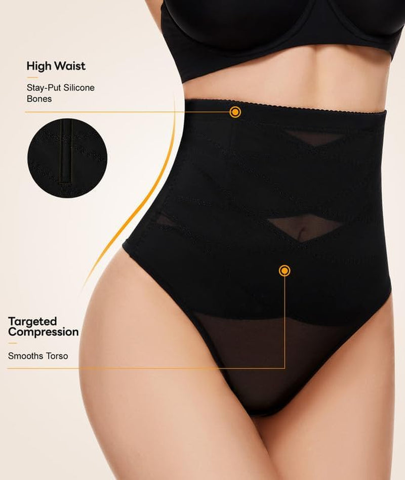Thong Shapewear Tummy Control Underwear for Women High Waisted Stay-Put Body Shaper Girdle Targeted Compression