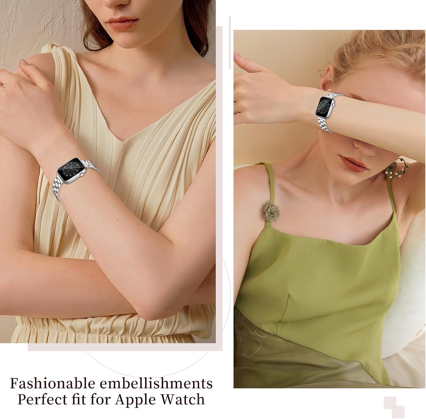 Thin Metal Bands Compatible with Apple Watch Band 38Mm 40Mm 41Mm 42Mm 44Mm 45Mm 46Mm 49Mm, Slim Stainless Steel Wristband Strap for Iwatch Ultra SE Series 10 9 8 7 6 5 4 3 2 1-Silver+Starlight