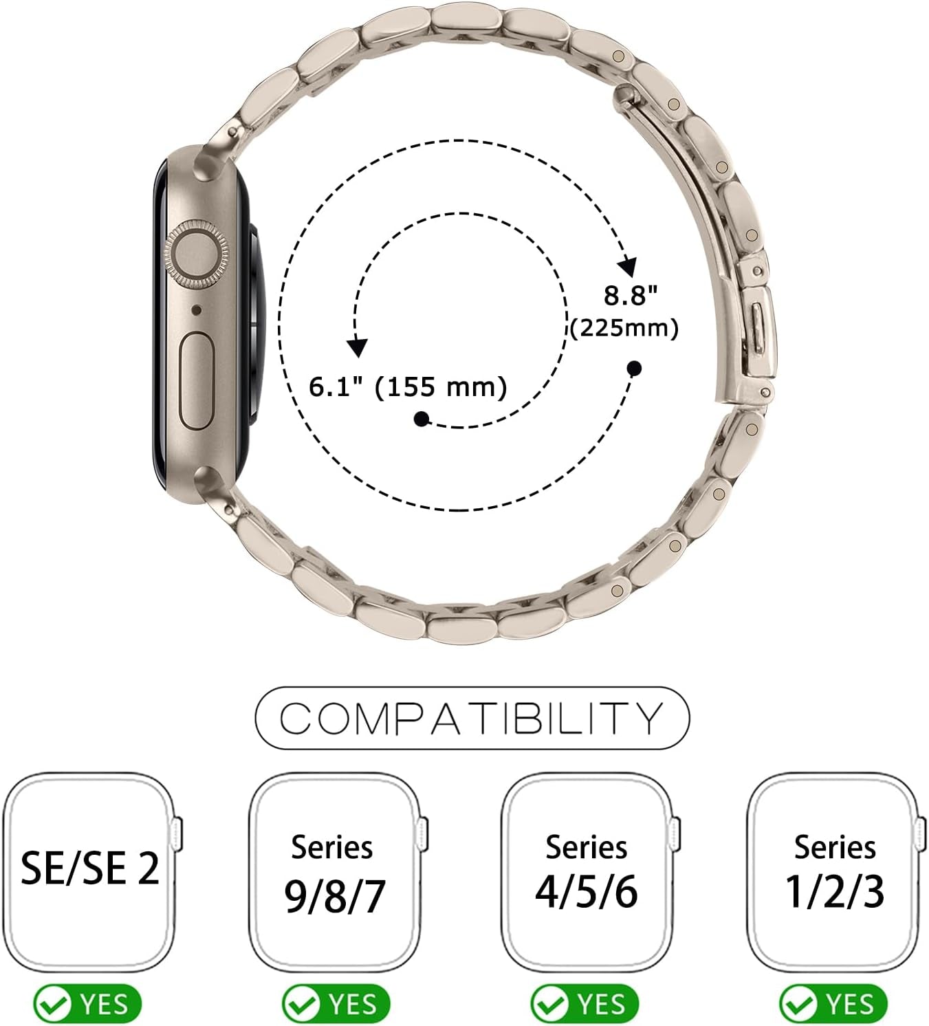 Band Compatible with Apple Watch Band 49Mm 45Mm 44Mm 42Mm Premium Stainless Steel Metal Replacement Strap Compatible with Apple Watch Ultra 2 Ultra Series 9 8 7 6 5 4 3 2 1 SE, Starlight