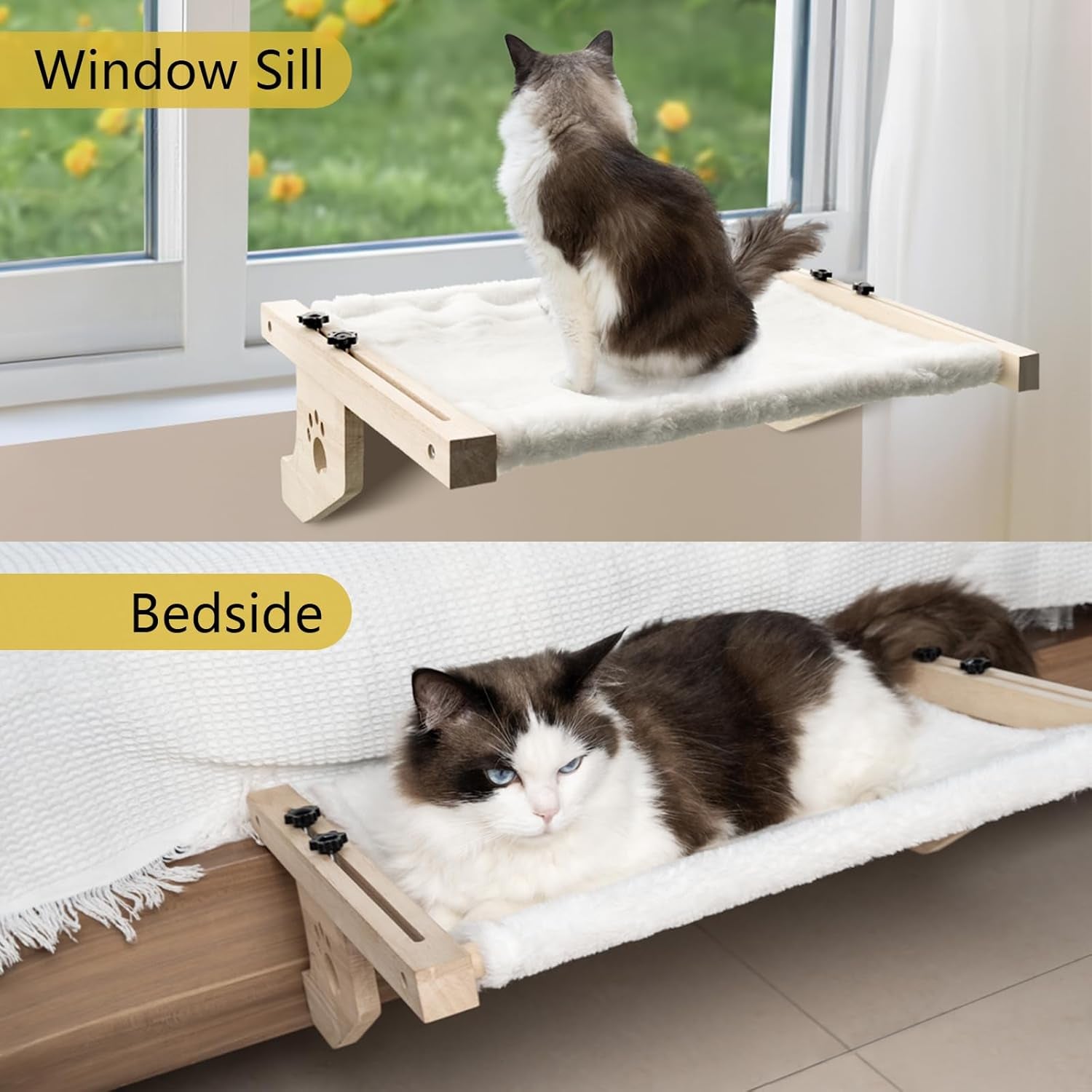 21.7'' Cat Window Perch Bed,  Sturdy & Durable Window Hammock for Cats with Ledges, Wooden Cat Window Perch for Indoor Cats Easy to Assemble for Windowsill, Bedside and More (White Plush)