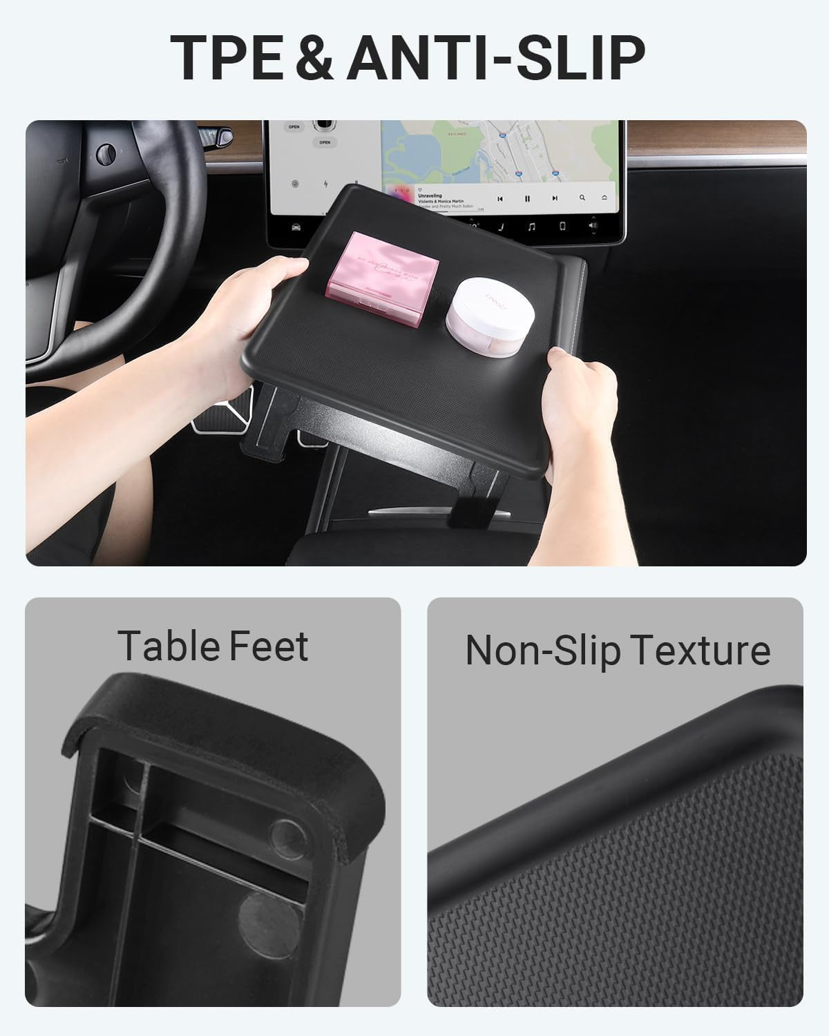 Upgrade Tesla Model 3/Y Table Tray, Foldable Center Console Car Food Eating/Laptop Work Desk for Road Trips 2021-2025 Model Y and 2021-2023 Model 3 Interior Accessories