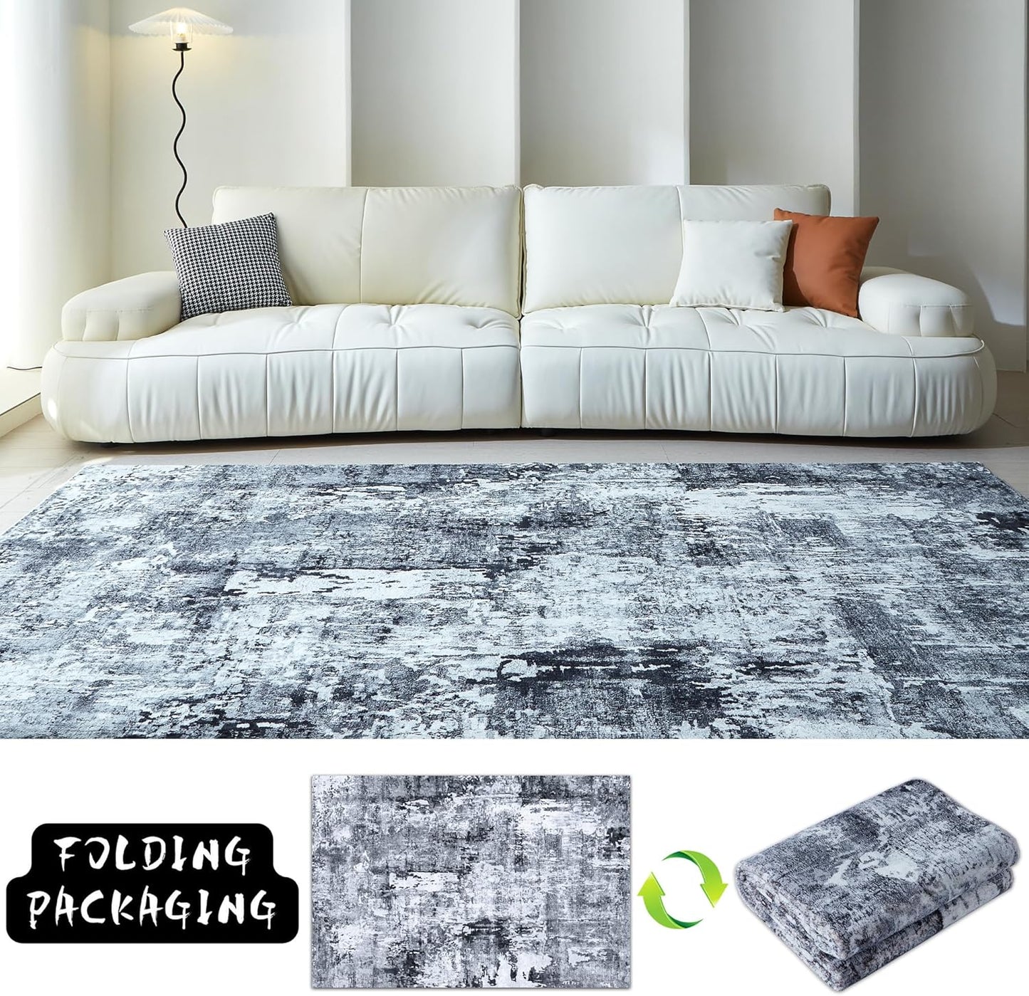 Area Rug 5X7 Washable Rug Boho Soft Abstract Pattern Non-Slip Faux Wool Vintage Rug for Living Room, Bedroom Rug, Farmhouse, Dining Room, Kids Playroom, Grey and Black