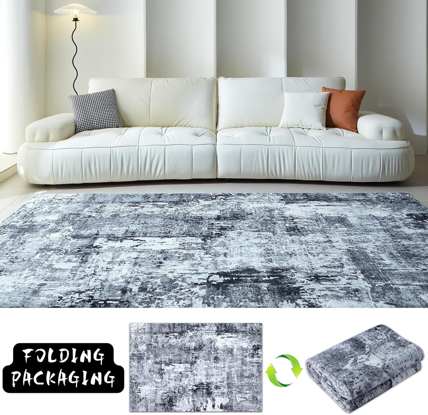 Area Rug 5X7 Washable Rug Boho Soft Abstract Pattern Non-Slip Faux Wool Vintage Rug for Living Room, Bedroom Rug, Farmhouse, Dining Room, Kids Playroom, Grey and Black