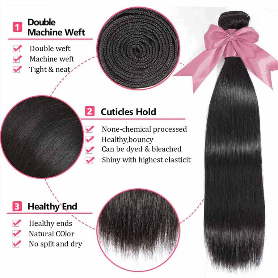 10A Straight Human Hair Bundles (14 16 18 Inch) 100% Unprocessed Brazilian Virgin Weave Bundles Human Hair Extensions Natural Color Double Weft No Split Softness Bundles Full and Thick