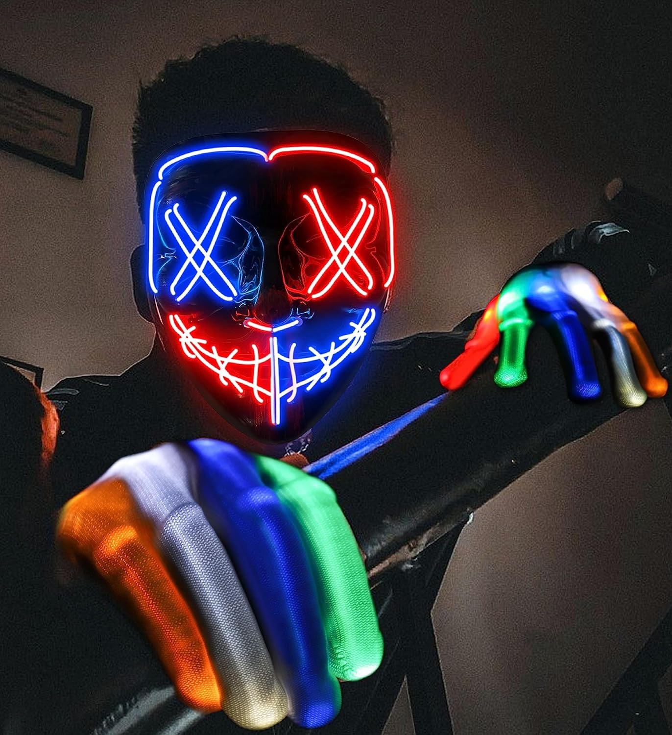 Halloween Mask Skeleton Gloves Set, Light up Scary LED Mask with Glow Gloves, Halloween Costumes for Boys Girls