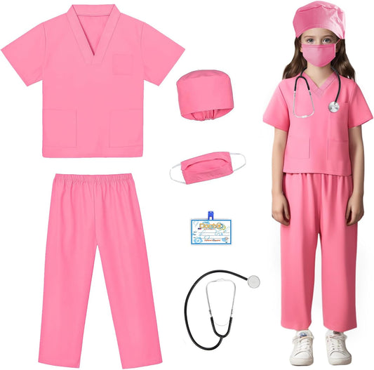 Kids Doctor Scrub Costume,Halloween Cosplay Dress Up,Nurse Scrub Set Gift for Boys and Girls 3-12Years Old 6PCS