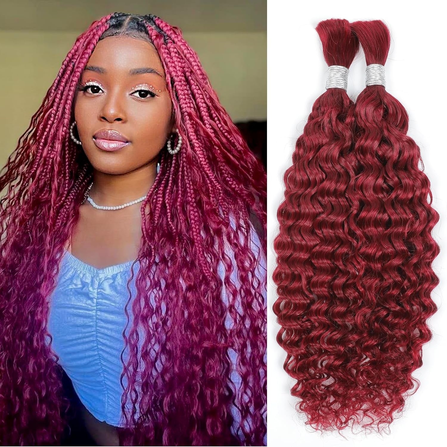 Human Braiding Hair 14Inch Water Wave Bulk Human Hair for Braiding 100G 2Bundle/Pack No Weft Human Hair Bundles for Braiding Micro Human Braiding Hair for Boho Braids(14Inch,99J#)