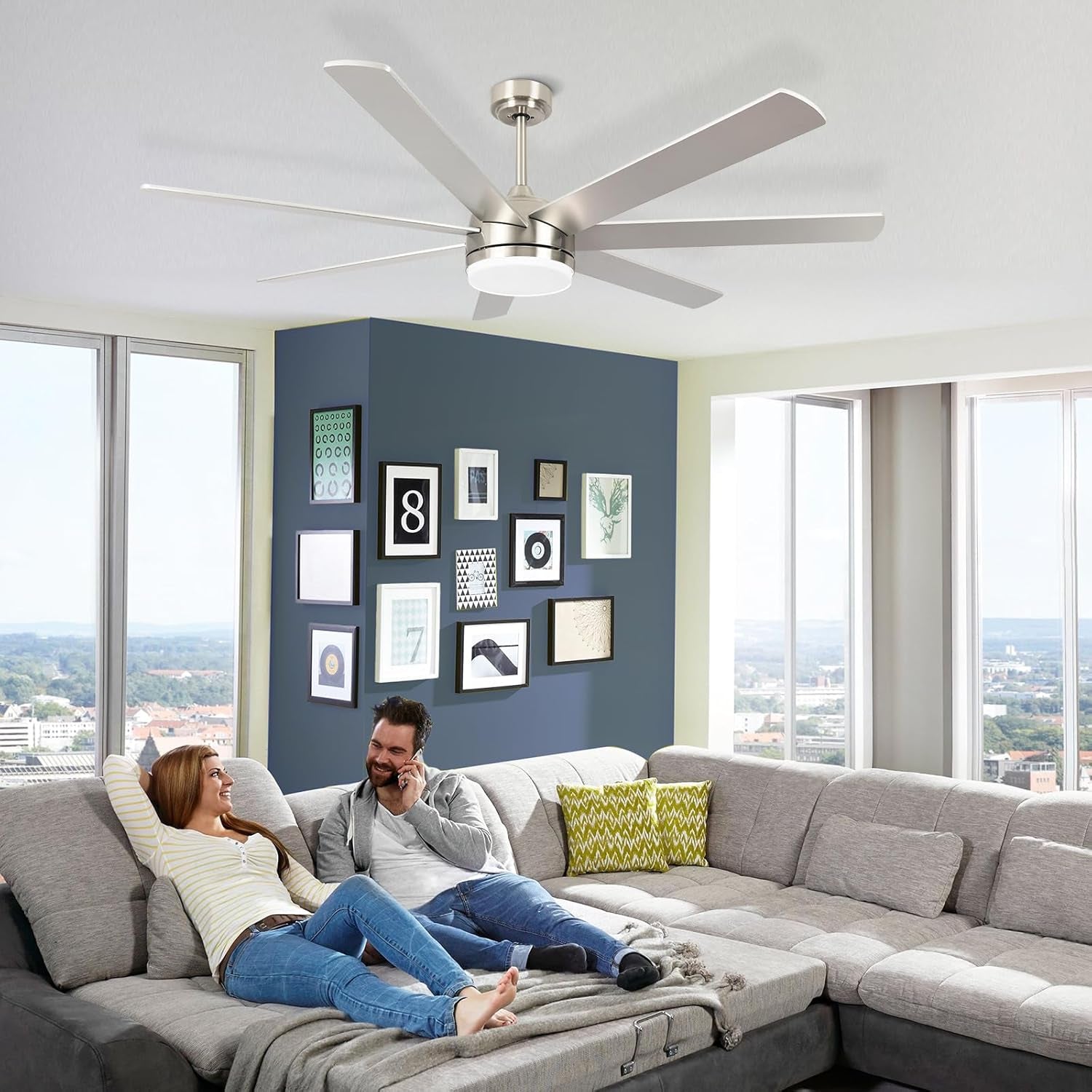 62 Inch Ceiling Fan with Lights, Outdoor Ceiling Fan with Light 7 Reversible Blades,Dimmable, Modern Nickel Ceiling Fan with 6" and 12" Downrods for Bedroom Living Room Patio