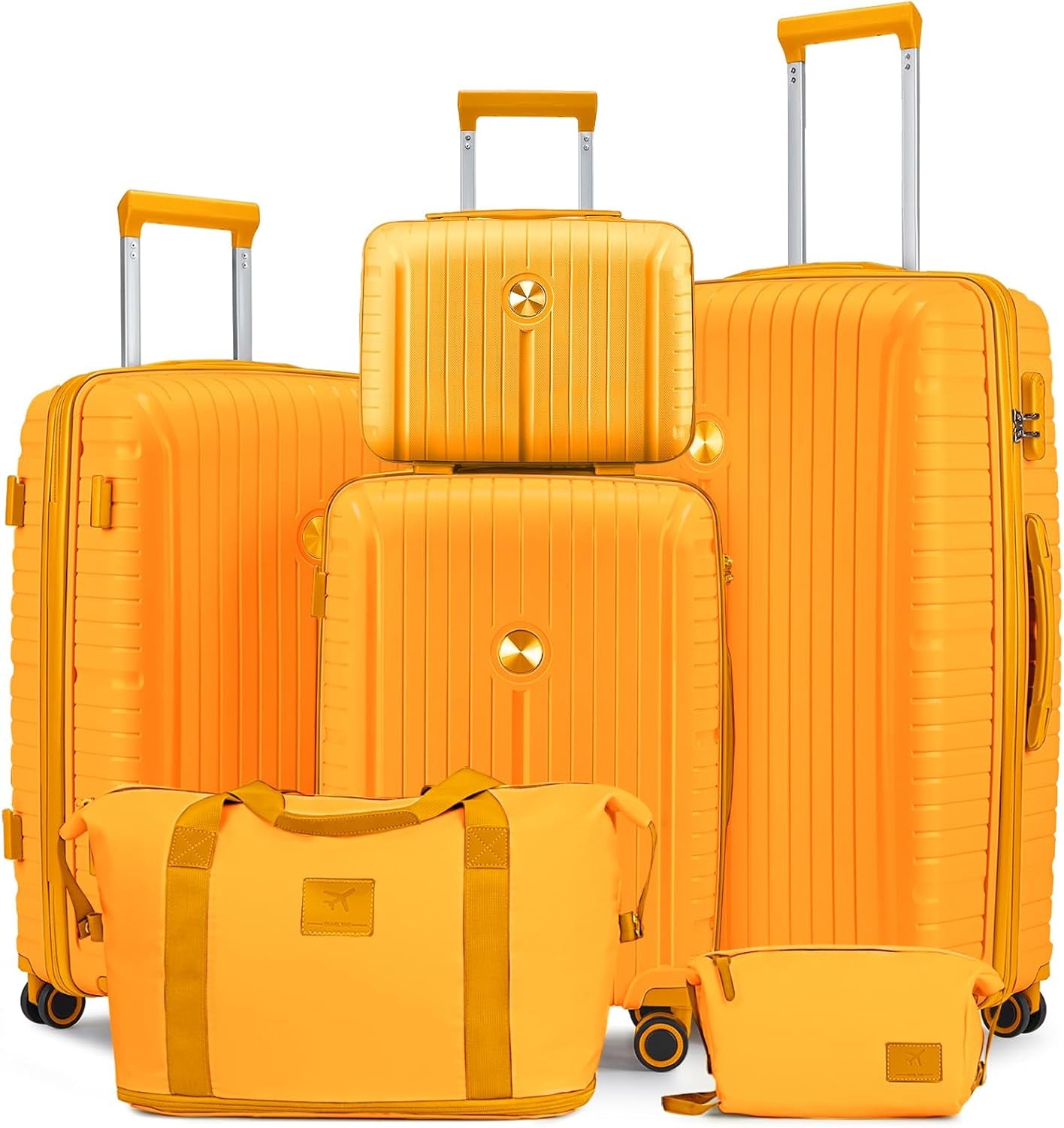 Luggage Sets 5 Piece Suitcase Set, PP Hardshell Carry on Suitcase Set, Travel Suitcases with Double Spinner Wheels and TSA Lock, Black Brown