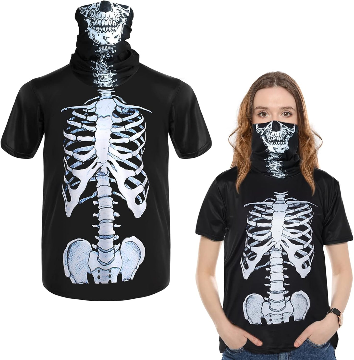 Skeleton Shirt and Skull Mask, Women Halloween Costume Skeleton T Shirt Skull Face Bandana Neck Rib Costume(Xl)