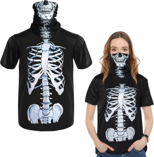 Skeleton Shirt and Skull Mask, Women Halloween Costume Skeleton T Shirt Skull Face Bandana Neck Rib Costume(Xl)