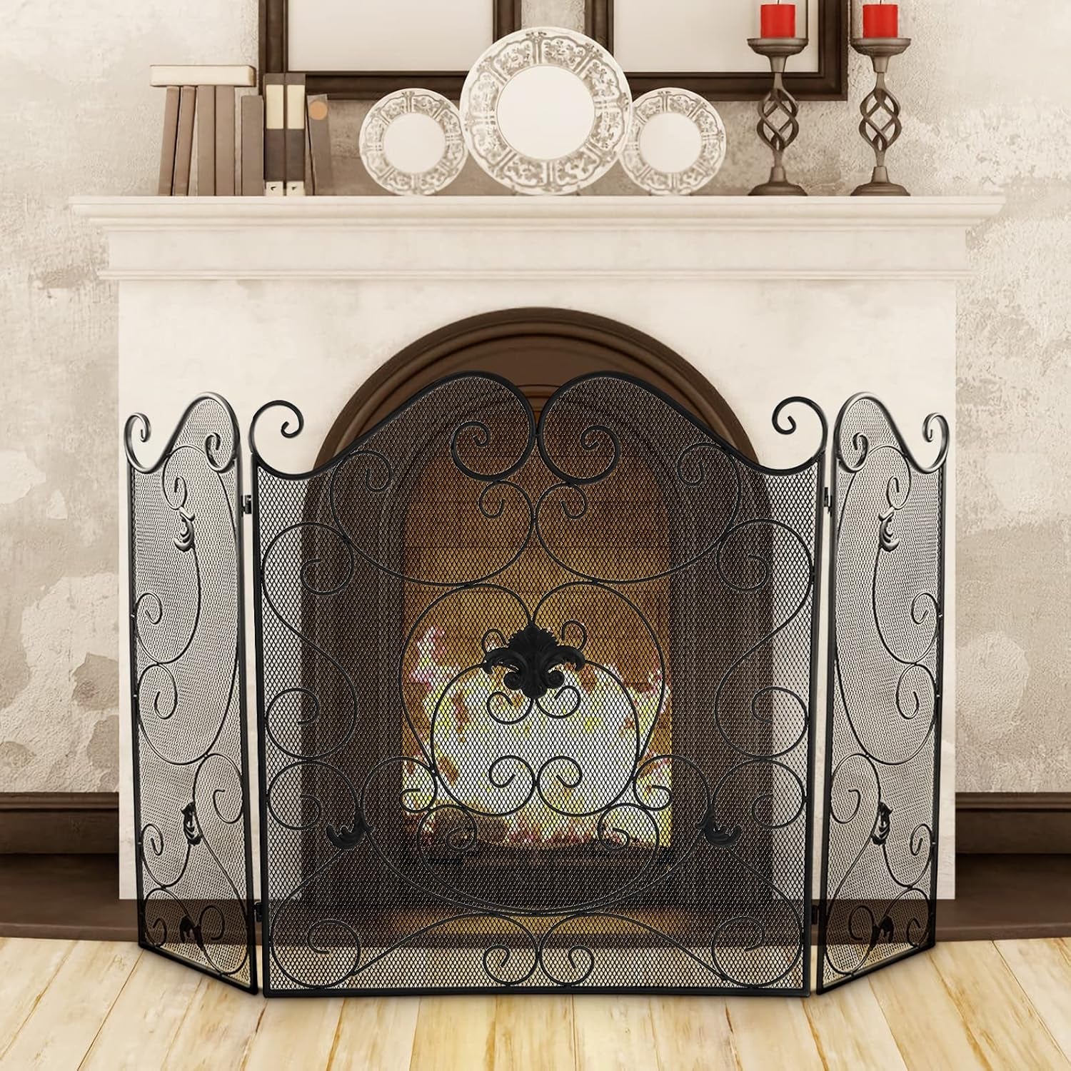 Fireplace Screen 3 Panel Fireplace Screens for Fireplace 50 X 31 Inch Wrought Iron Black Metal Spark Guard Cover Fireguards Mesh Cover Baby Safe Proof Fence Fire Place Standing Gate (Style 1)