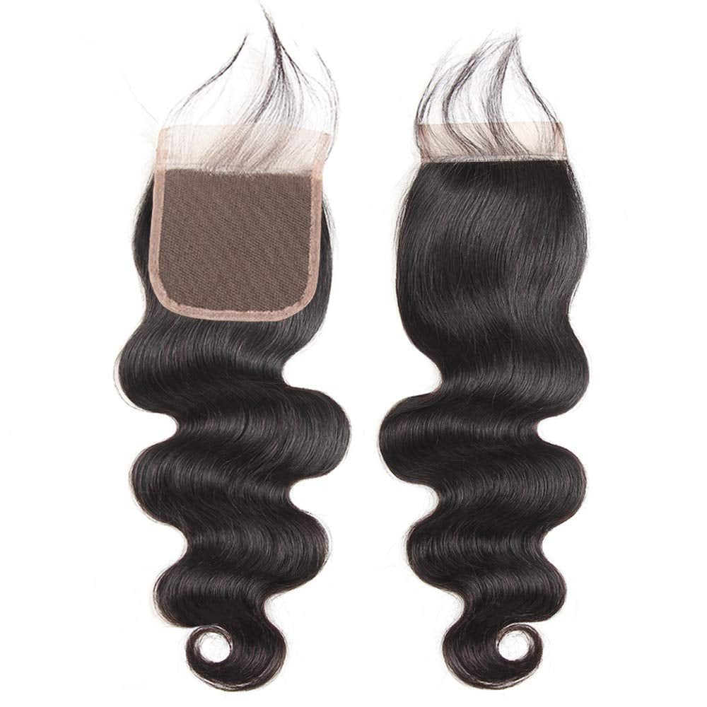 12A Brazilian Human Hair Bundles Body Wave 3 Bundles with Lace Closure 4X4 Free Part 100% Unprocessed Remy Human Hair Bundles with Closure Wet and Wavy Double Weft Natural Color (14 16 18+12)