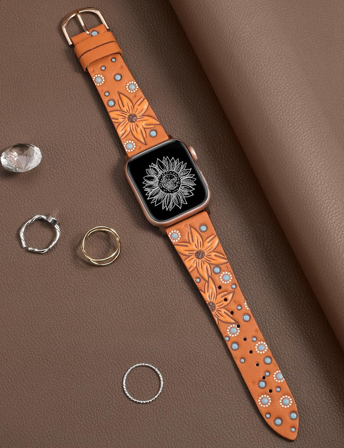 Leather Band Compatible with Apple Watch Band 41/40/38/44/45/49/42Mm Women, Boho Western Embossed Sunflower Floral Designer Wristband Leather Strap for Iwatch Series 9 8 7 6 5 4 3 2 1 SE Ultra