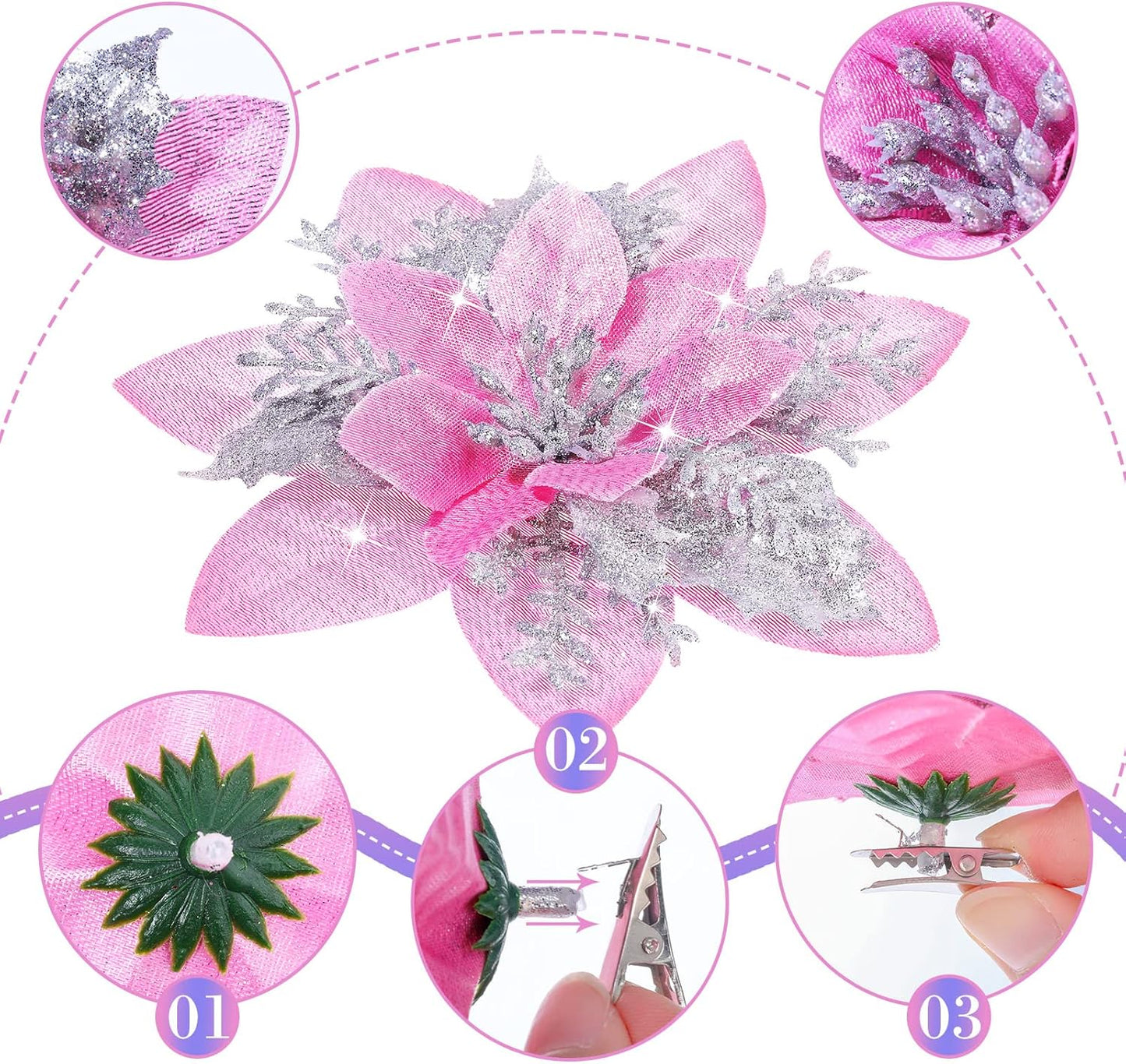 24 Christmas Glitter Artificial Poinsettia Flowers Xmas Poinsettia Artificial Wedding Flowers Decorations Xmas Tree Ornaments with Clips for Party Favors, 6 Inch, 4 Inch, 3 Inch (Pink and Silver)