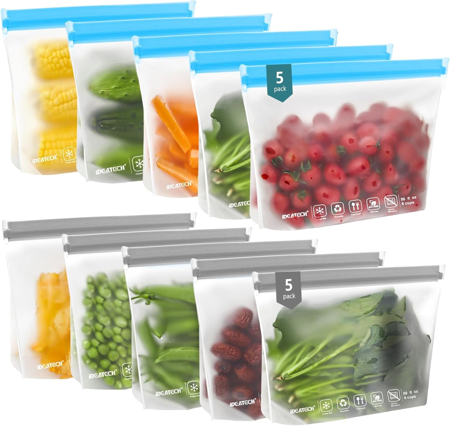20Pack Dishwasher Safe Reusable Bags, Leakproof Reusable Freezer Bags, BPA Free Reusable Food Storage Bags Sandwich Bags Snack Bags for Lunch Travel(8 Gallon 6 Quart 6 Snack,Colored)