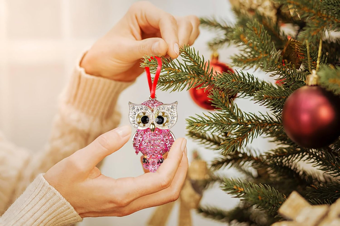 Metal Owl Christmas Ornaments 2024 Owl Decor Pink Owl Keepsake Christmas Tree Ornaments Decorations, Owl Christmas Ornaments Gifts for Women Girls Mom Owl Lovers