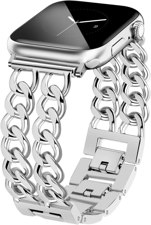 Silver Watch Bands for Women Compatible with Apple Watch Band 38Mm 40Mm 41Mm Adjustable Metal Band Cowboy Steel Chain Bracelet for Iwatch Series 9/8/7/6/5/4/3/2/1/Se/Ultra (No Case)