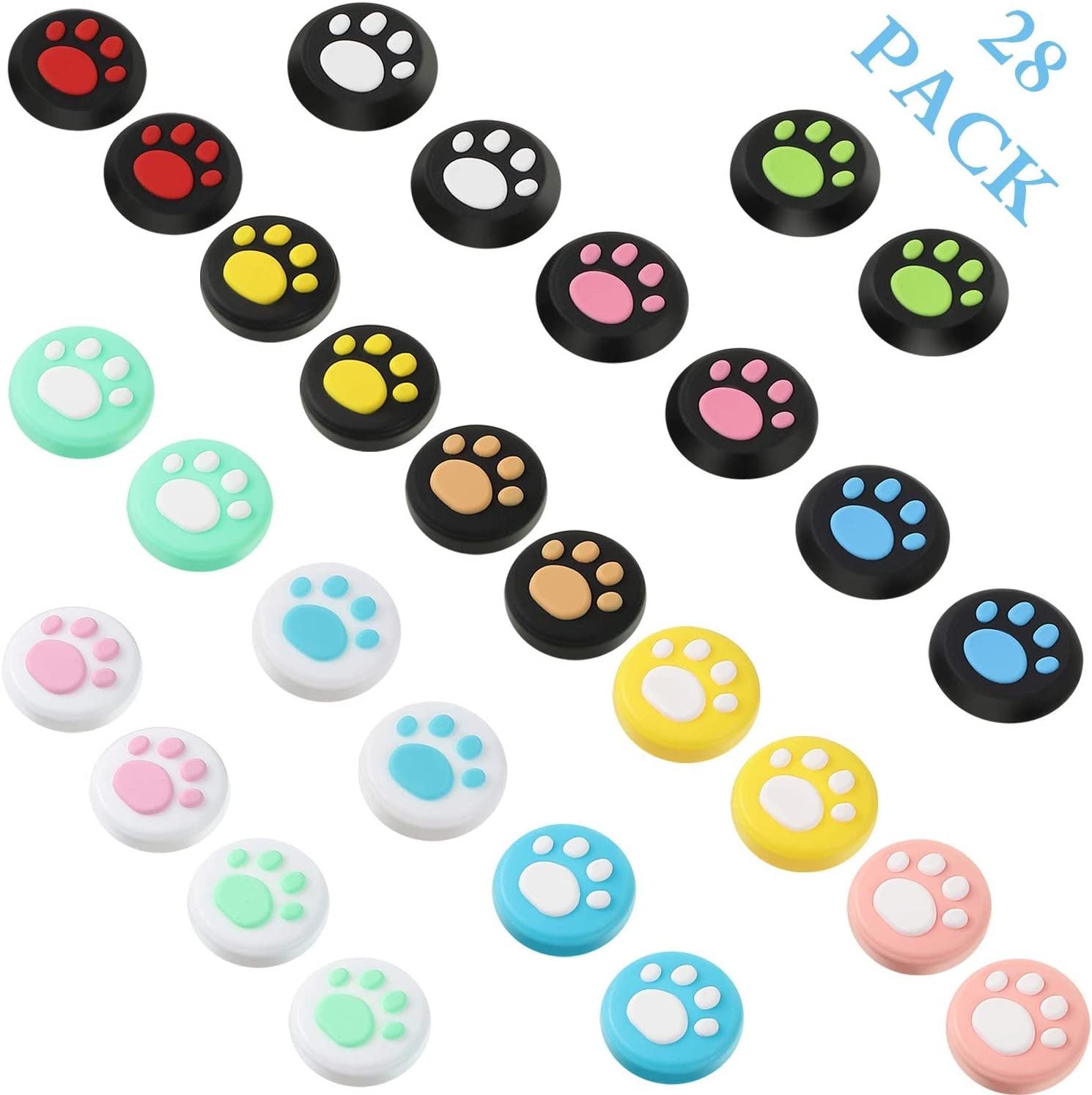 28 Pieces Replacement Cute Cat Claw Design Thumb Grip Caps Thumb Grips Analog Stick Cover Joystick Cap Soft Silicone Cover Compatible with Nintendo Switch, Switch Lite and Joy Con Controller