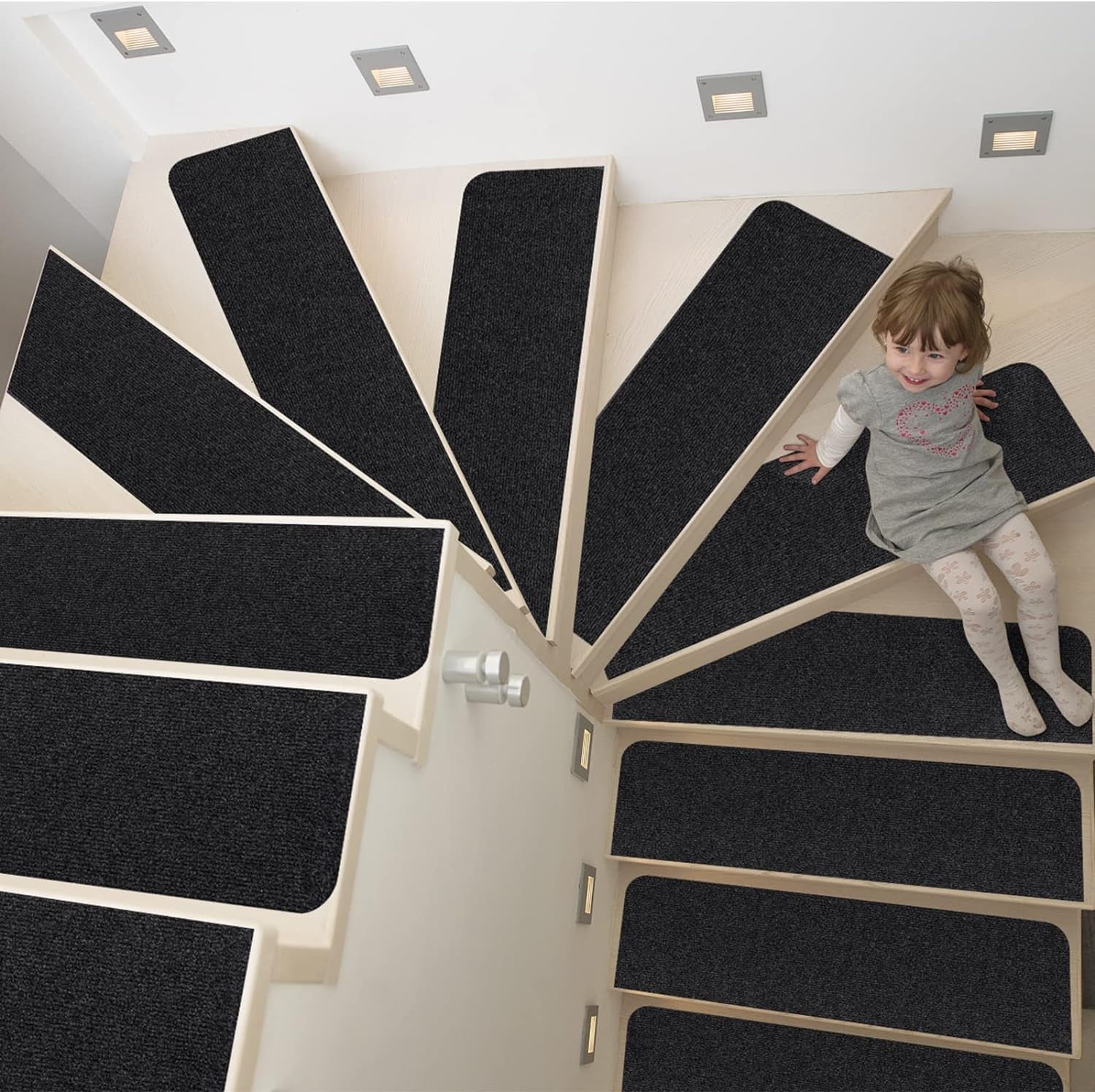 8X30In 15PCS Non-Slip Stair Treads Carpet, Self-Adhesive Stair Treads for Wooden Steps, Indoor Safety Staircase Step Treads, anti Slip Stair Runner Mats for Elders, Kids and Dogs (Black)