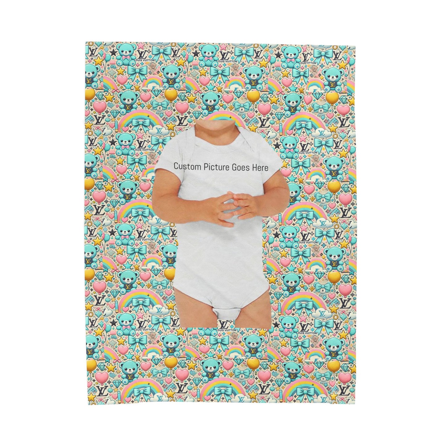 Colorful Plush Blanket Cute Bears and Rainbows Louis Vuitton-inspired fabric pattern for kids Customized Picture