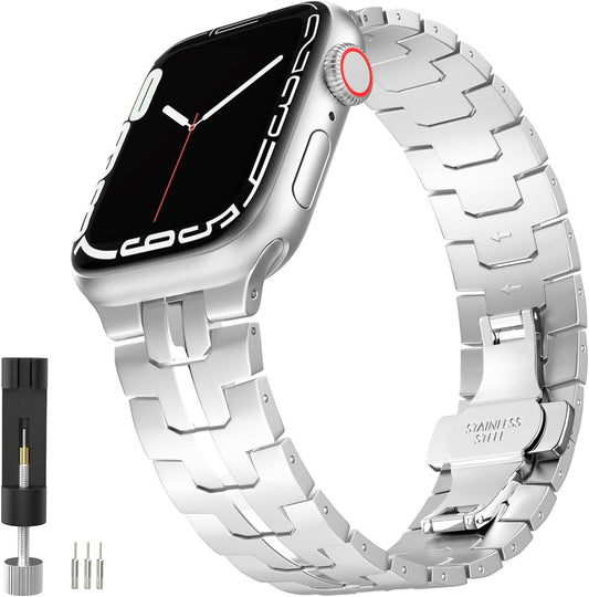 Watch Strap Compatible with Apple Watch Ultra2 Ultra 49Mm Series 9/8/7/6/5/4/3/2/1/SE 42/44/45Mm, Adjustable Metal Watch Band Stainless Steel Wristband with Butterfly Buckle, Silver