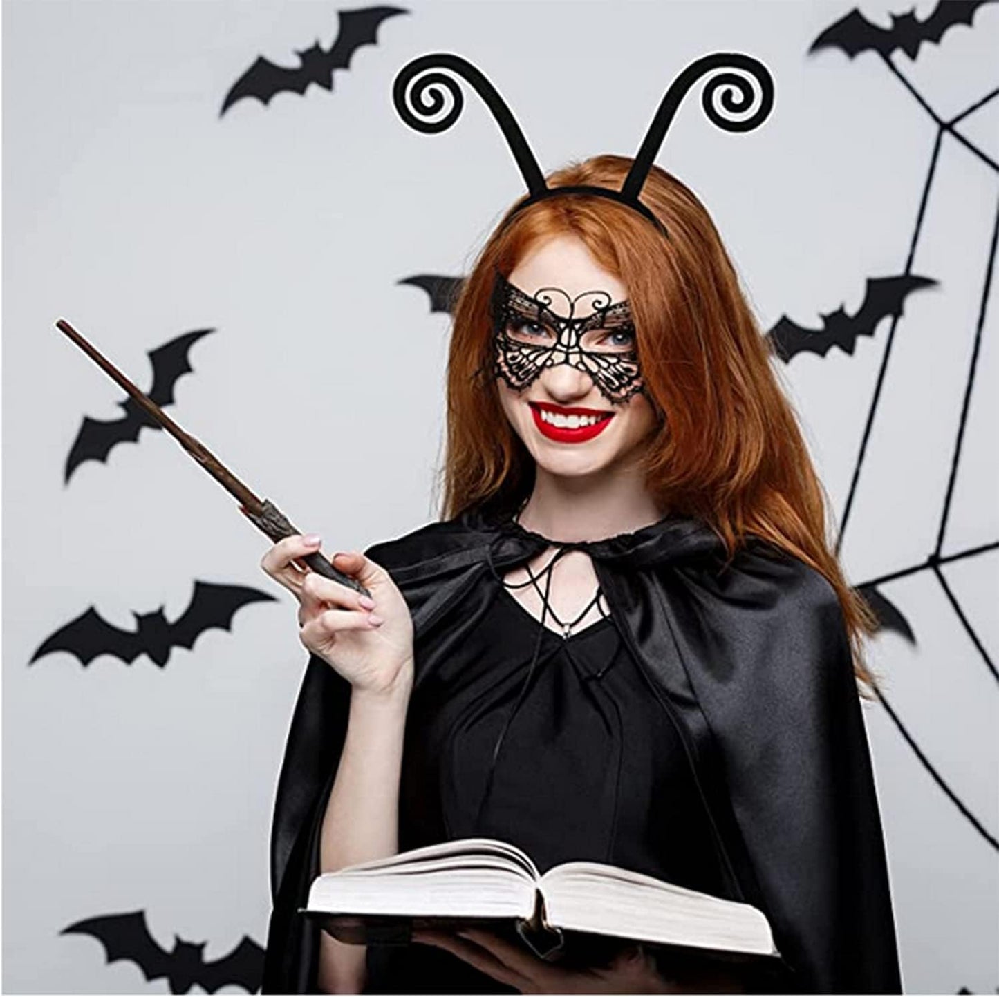 Butterfly Antenna Headband with Butterfly Lace Mask for Halloween Party Cosplay Butterfly Wings Costume Accessory - Black