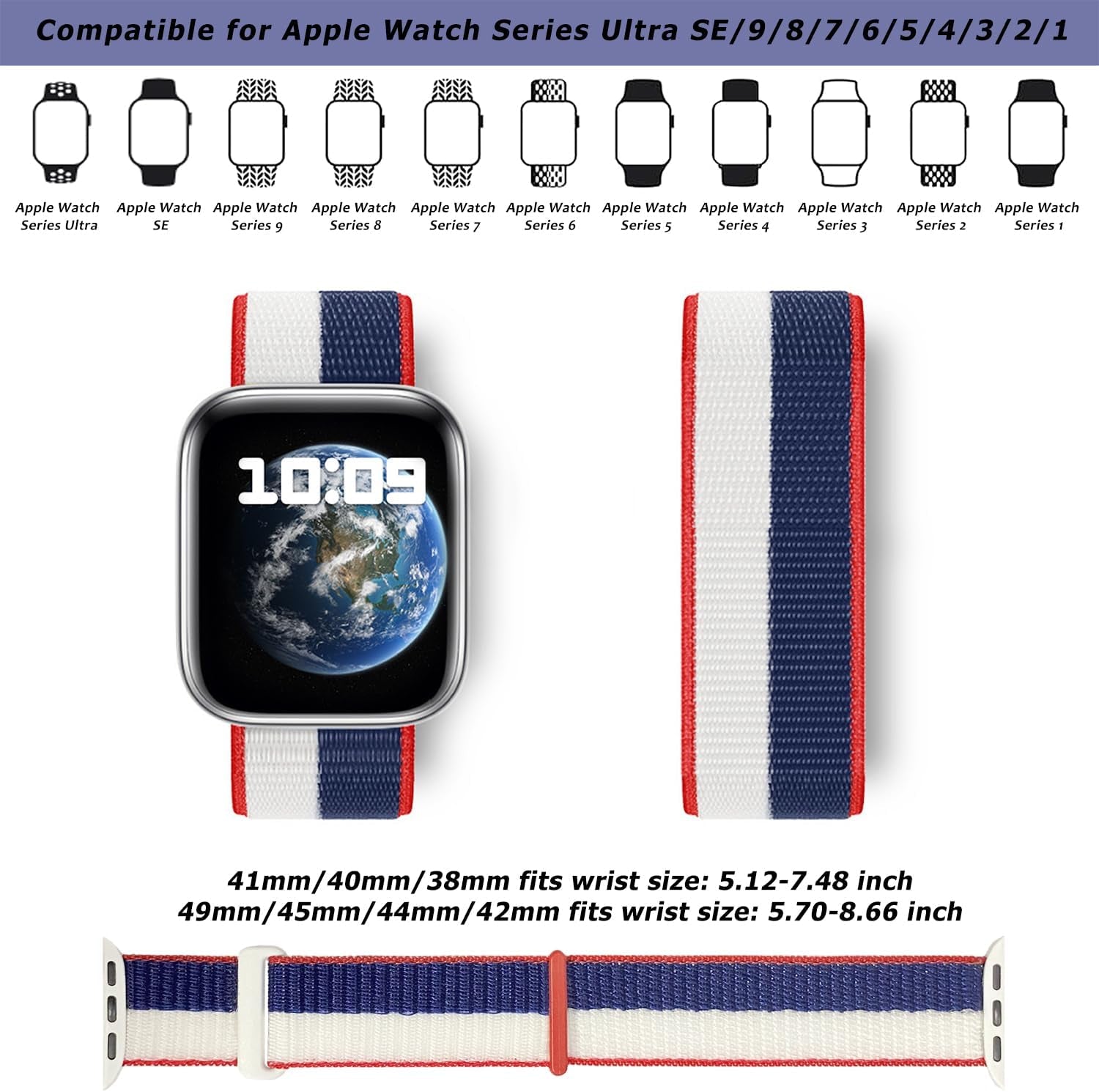 Nylon Sport Loop Bands Compatible with Apple Watch Band 41Mm 40Mm 38Mm 49Mm 45Mm 44Mm 42Mm Women Men, Stretchy Breathable Strap for Iwatch Series 9 Ultra 8 7 6 5 4 3 2 1 SE (38,America）