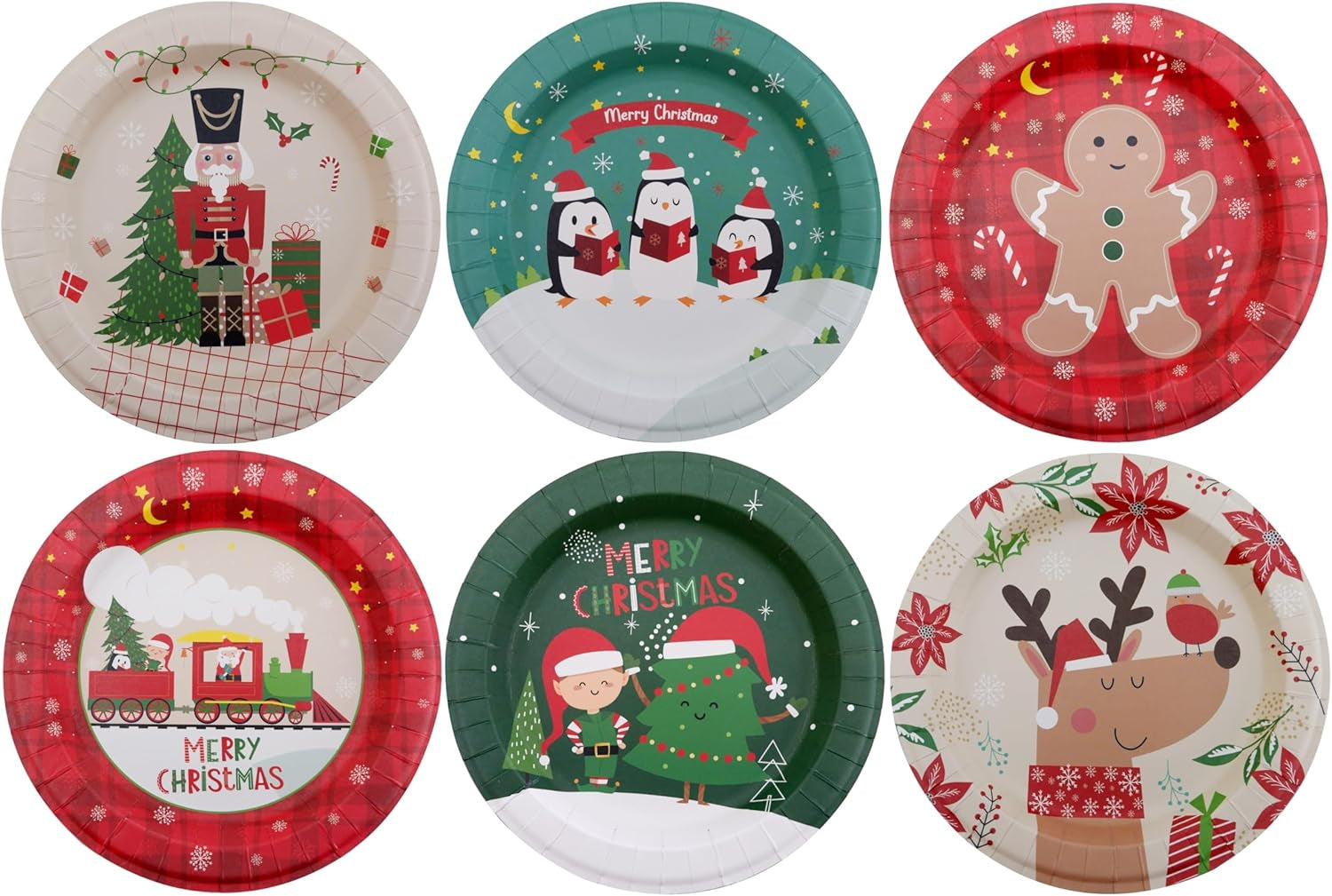 Paper Plates - 60-Count 8" X 8" Disposable Christmas Party Supply Dessert Plates in 6 Designs (Red, Green)