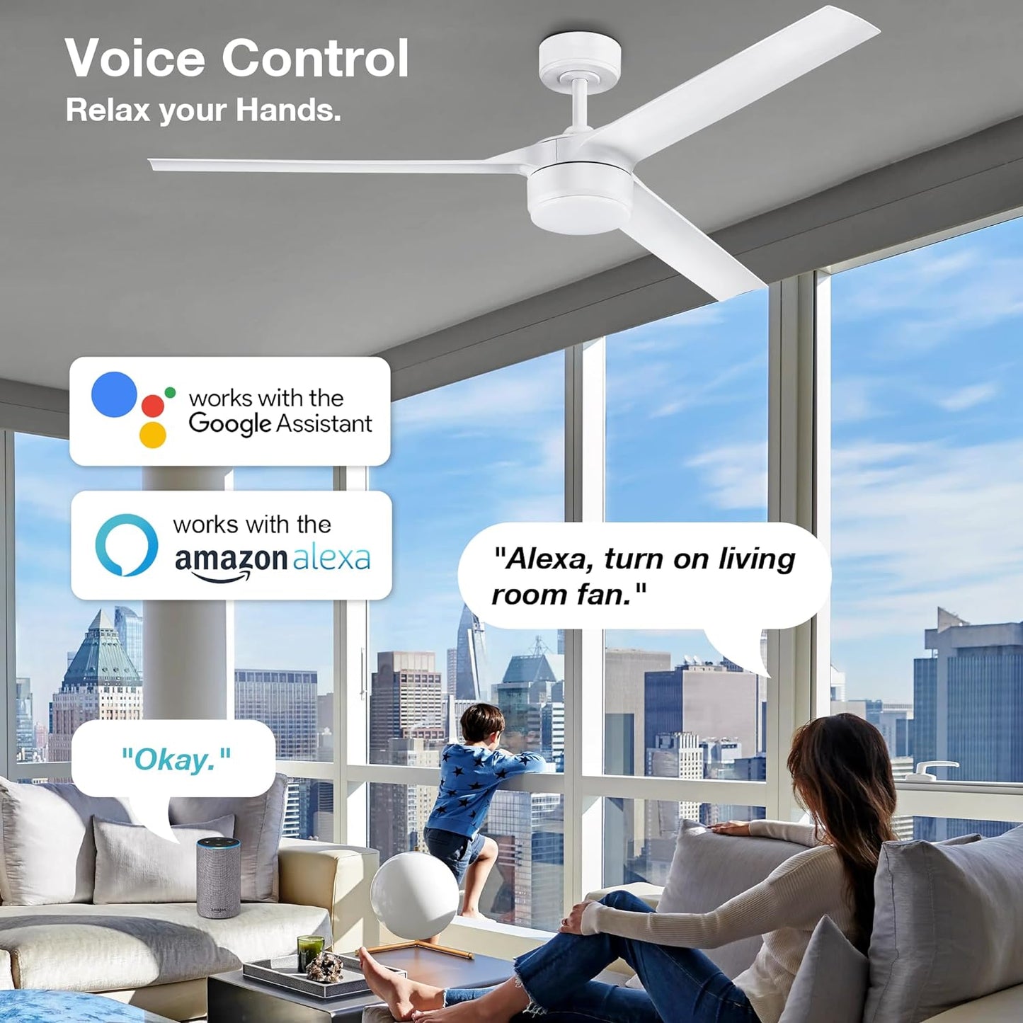 60” Large Smart Ceiling Fans with LED Lights and Remote,Quiet DC Motor,Dimmable,Outdoor Indoor Matte White Ceiling Fan Controlled by WIFI Alexa App,Modern 3 Blade for Bedroom Living Room Patio