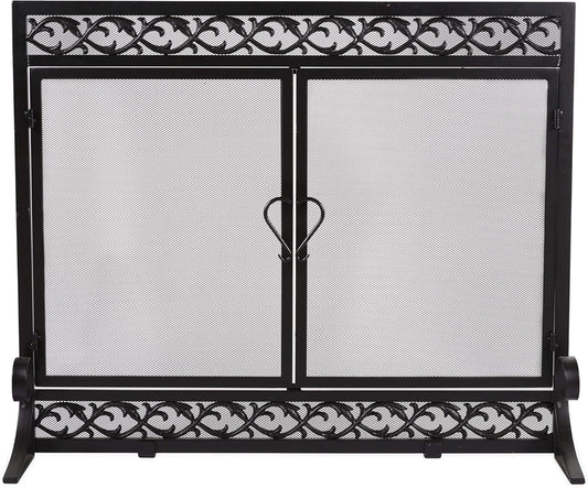Metal Fireplace Screen Scrollwork Black | 38" W X 31½"H | 2 Door | Spark Guard Grate | Fire Place Cover | Wood Burning Stove Accessories