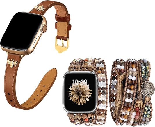 Elegant Slim Leather Bands Boho Beaded Watch Band Bundle Compatible with Apple Watch 38Mm 40Mm 41Mm 42Mm 44Mm 46Mm 45Mm 49Mm Women for Iwatch Series 10/9/8/7/6/5/4/3/2/1/Se/Ultra
