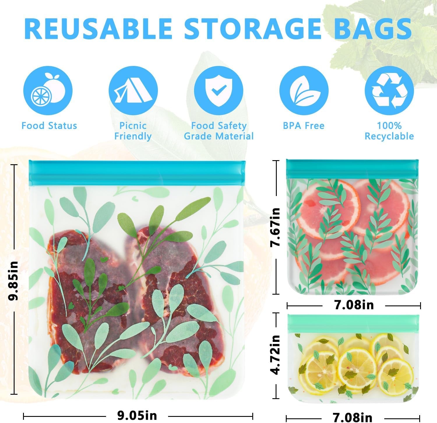 10 Pack Dishwasher Safe Reusable Bags Silicone, Leak Proof Reusable Freezer Bags for Food Storage Home Organization Traval & Make-Up BPA FREE for Food Storage Home BPA FREE for Salad Fruit