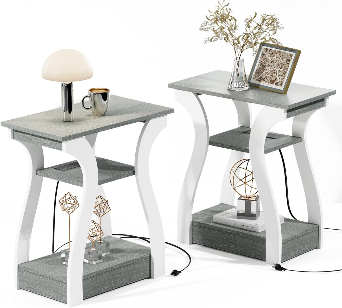 End Tables Living Room Set of 2, End Table with Charging Station, Grey End Table with Usb,Grey Side Table, Nightstand for Bedroom, 3 Tier End Table with Storage Shelf for Living Room Grey
