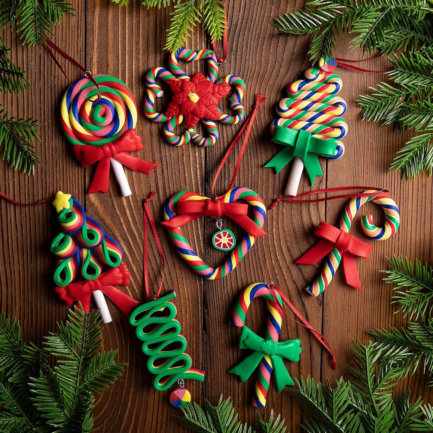 8 Pcs Christmas Lollipop Ornaments- Rainbow Candy Cane Hanging Ornaments for Christmas Tree- Christmas Candies Polymer Clay Ornament for Xmas Tree Party Decoration