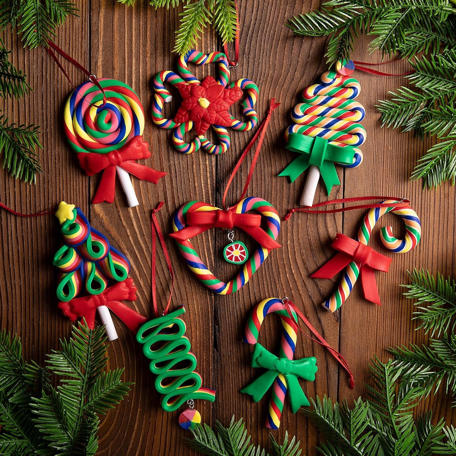 8 Pcs Christmas Lollipop Ornaments- Rainbow Candy Cane Hanging Ornaments for Christmas Tree- Christmas Candies Polymer Clay Ornament for Xmas Tree Party Decoration