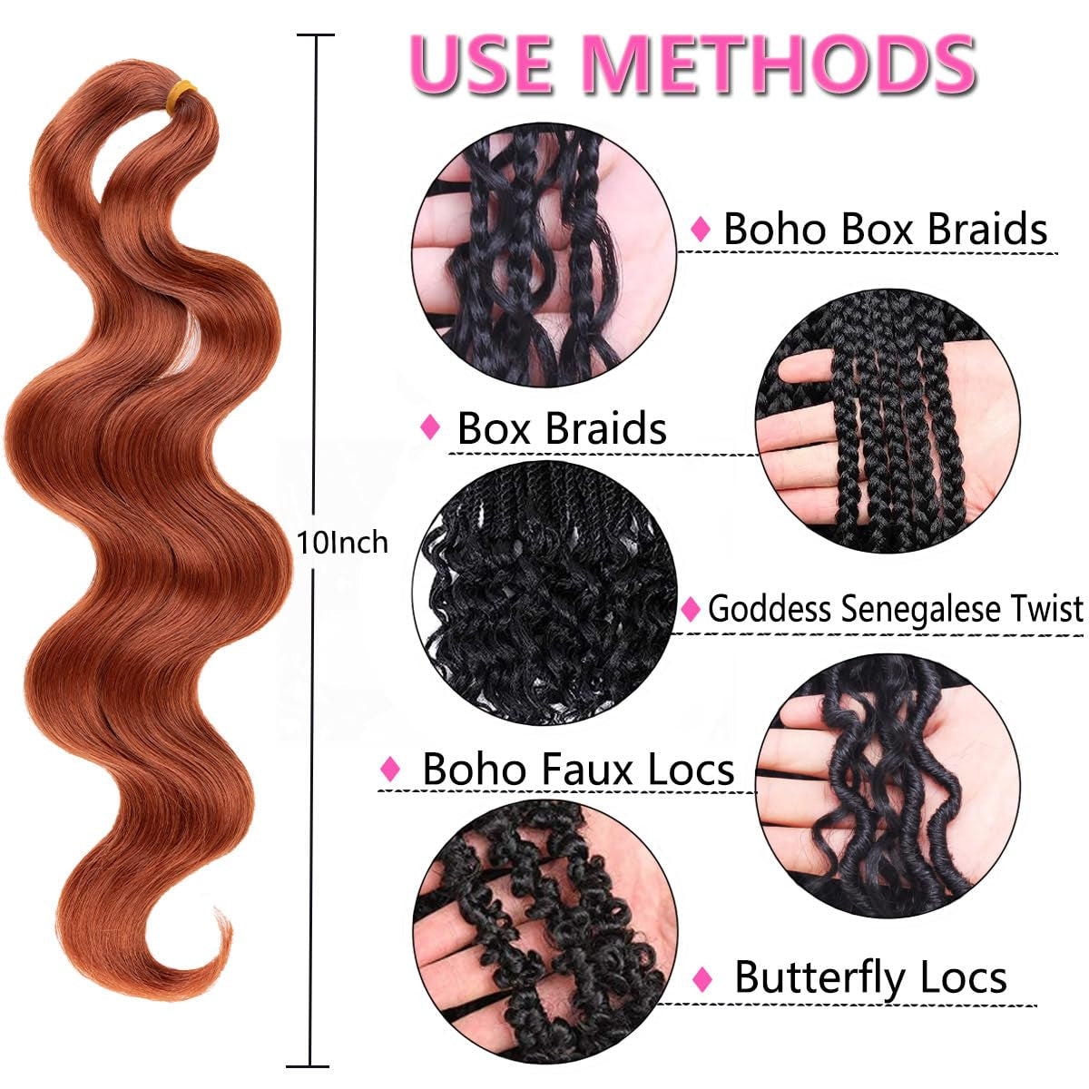 9 Packs Short Body Wave Braiding Hair 10 Inch Pre-Feathered Copper Red Premium Bouncy French Curl Wavy Braiding Hair Wavy Texture Braiding Synthetic Hair Extensions for Goddess Box Braids (350#)
