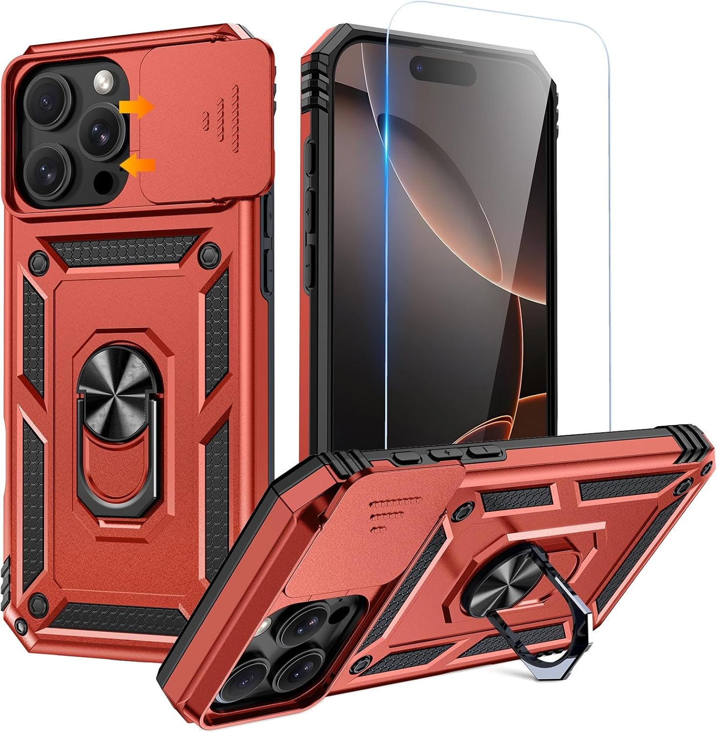 Compatible for Iphone 16 Case with Screen Protector - Slide Camera Cover Protective Phone Case with Ring Stand, Heavy Duty Shockproof Rugged Bumper for Iphone 16 Accessories Blue